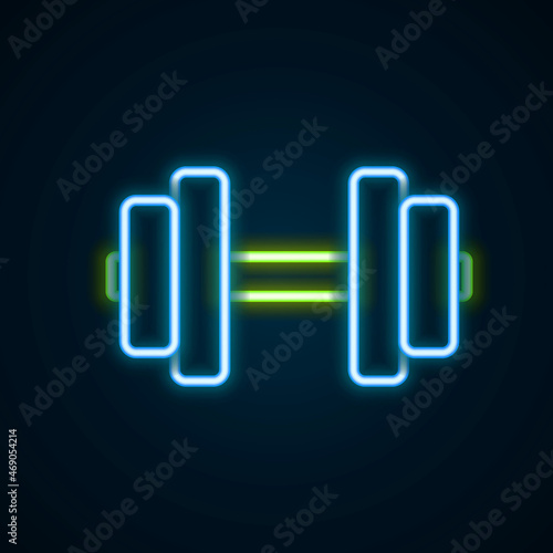 Glowing neon line Dumbbell icon isolated on black background. Muscle lifting  fitness barbell  sports equipment. Colorful outline concept. Vector