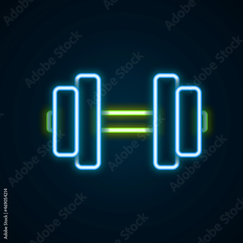 Glowing neon line Dumbbell icon isolated on black background. Muscle lifting, fitness barbell, sports equipment. Colorful outline concept. Vector
