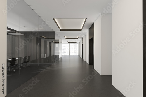 Bright office hall interior with panoramic window and glass wall