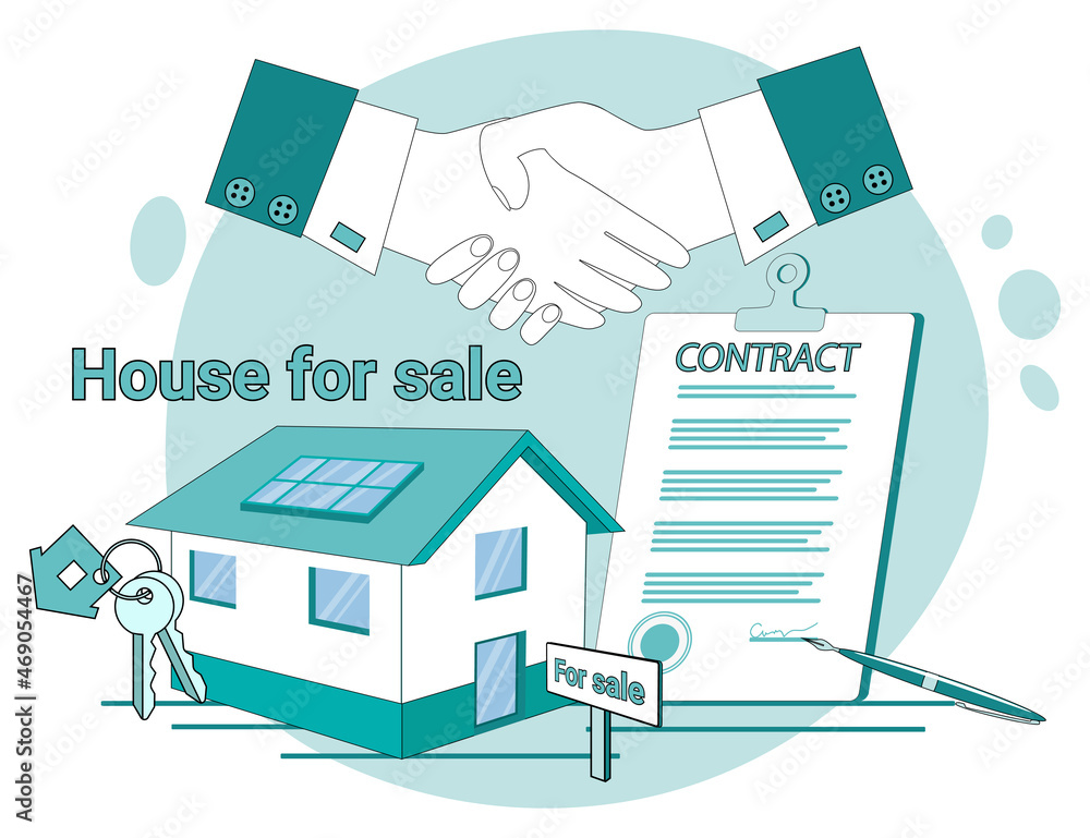 Signing of the contract for the sale of the house.House for sale .A house on the background of a poster for sale and a handshake.The concept of a secure purchase and sale transaction.Flat vector illus Signing of the contract for the sale of the house.House for sale .A house on the background of a poster for sale and a handshake.The concept of a secure purchase and sale transaction.Flat vector illus