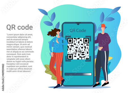 QR code.People on the background of a large smartphone with a QR code use gadgets.Poster in business style.Flat vector illustration.