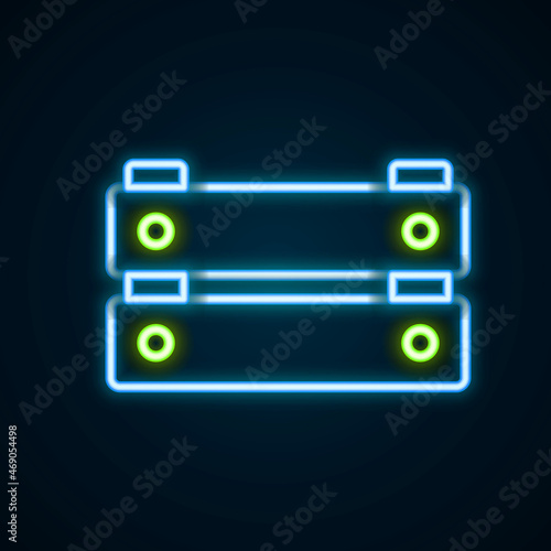 Glowing neon line Wooden box icon isolated on black background. Grocery basket, storehouse crate. Empty wooden container for vegetables, products. Colorful outline concept. Vector