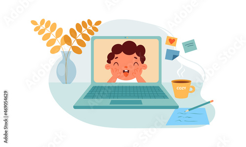 Image of cute smiling boy on laptop display. concept of communication via video communication, social networks, Online education, communication at distance, friendship. Cozy vector illustration.