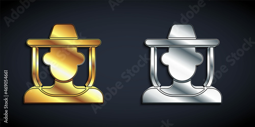 Gold and silver Beekeeper with protect hat icon isolated on black background. Special protective uniform. Long shadow style. Vector