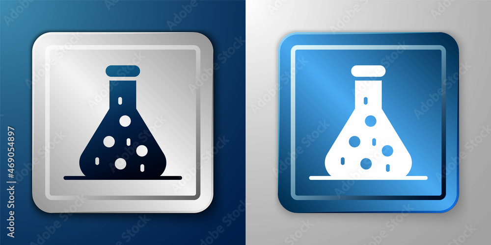 White Test tube and flask chemical laboratory test icon isolated on blue and grey background. Laboratory glassware sign. Silver and blue square button. Vector White Test tube and flask chemical laboratory test icon isolated on blue and grey background. Laboratory glassware sign. Silver and blue square button. Vector