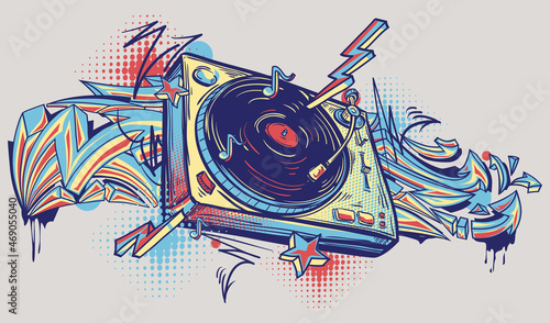 Musical turntable and graffiti arrows, colorful funky music design