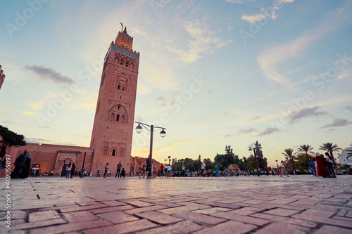 Busy square near Minaret de la Koutoubia Mosque, Marrakech, Morocco. 14th of October 2018. photo