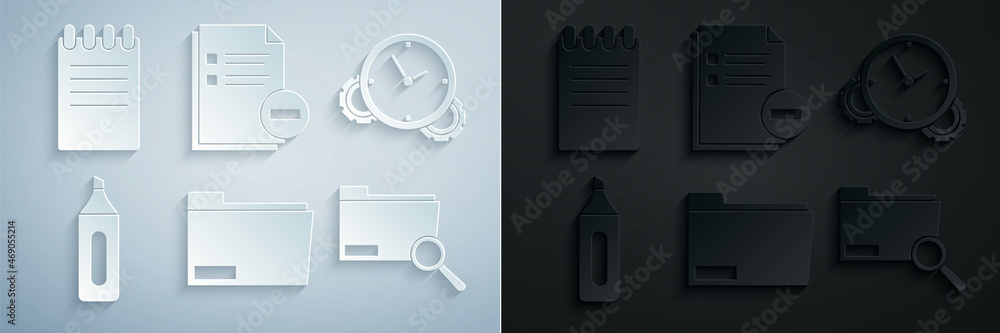 Set Document folder, Time Management, Marker pen, Search concept with, minus and Notebook icon. Vector Set Document folder, Time Management, Marker pen, Search concept with, minus and Notebook icon. Vector