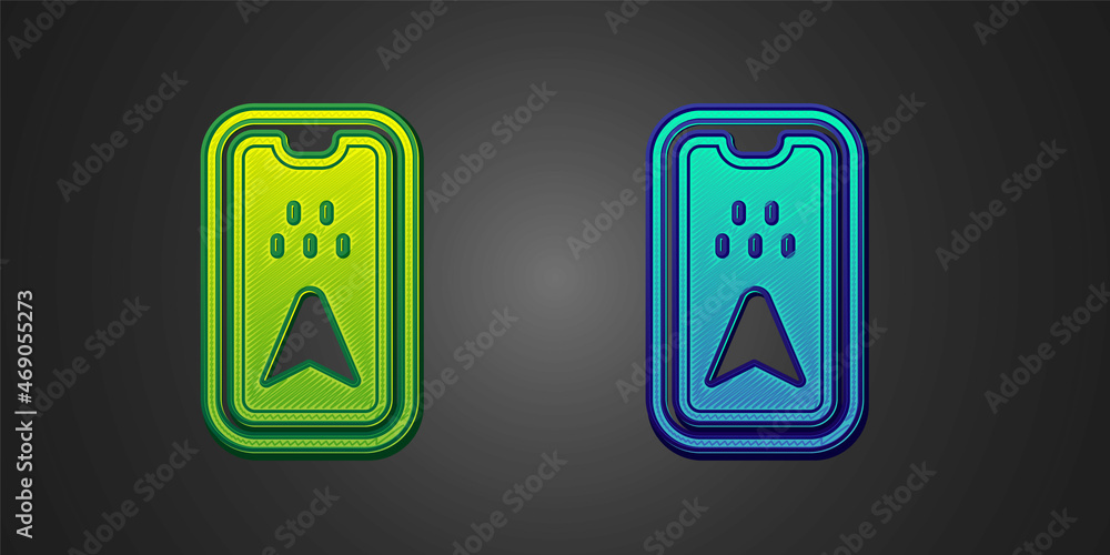 Green and blue Infographic of city map navigation icon isolated on black background. Mobile App Interface concept design. Geolacation concept. Vector Green and blue Infographic of city map navigation icon isolated on black background. Mobile App Interface concept design. Geolacation concept. Vector