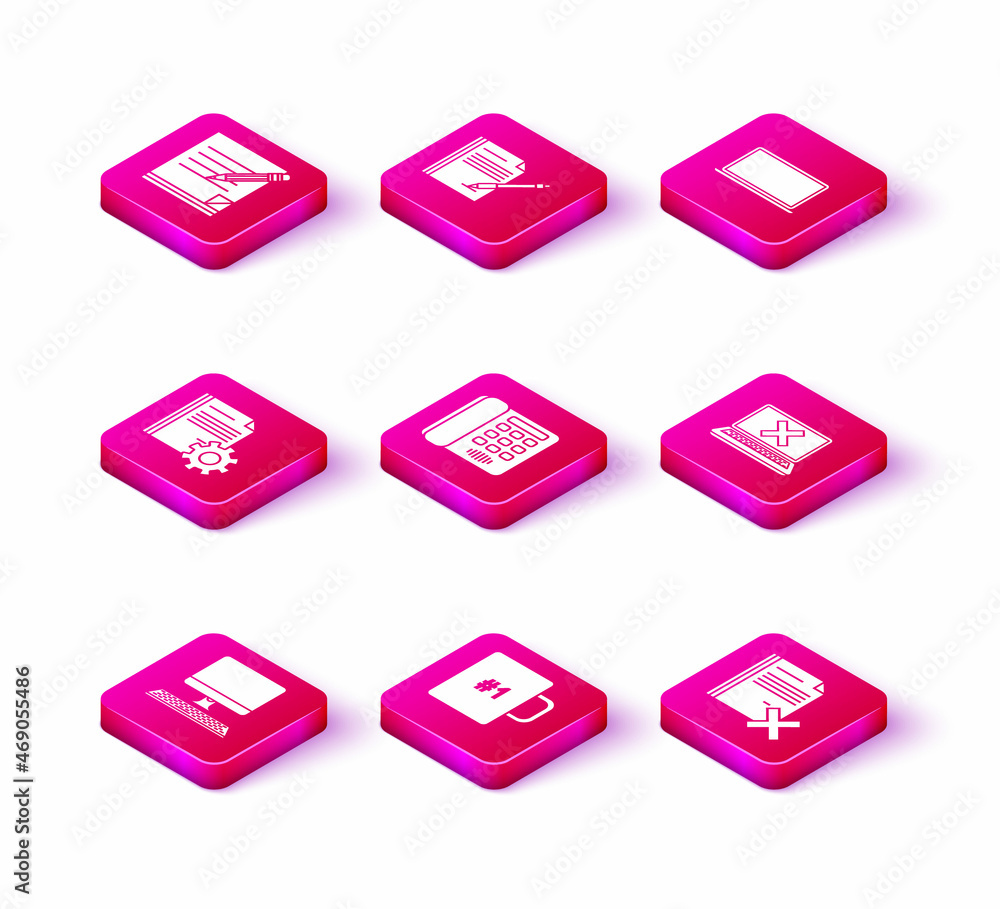 Set Computer monitor with keyboard, Coffee cup, Document settings gears, Telephone, Delete file document, Laptop and cross mark screen, and Blank notebook pen icon. Vector Set Computer monitor with keyboard, Coffee cup, Document settings gears, Telephone, Delete file document, Laptop and cross mark screen, and Blank notebook pen icon. Vector
