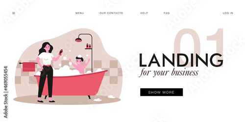 Mother bathing happy son in bathtub. Woman holding shampoo bottle, child taking foamy bath flat vector illustration. Family, parenting, hygiene concept for banner, website design or landing web page
