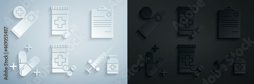 Set Medicine bottle and pills, Medical clipboard with clinical record, tablet, syringe needle vial ampoule, and Ointment cream tube medicine icon. Vector