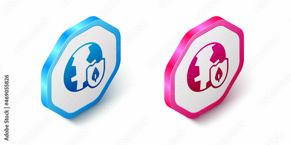 Isometric Earth with shield icon isolated on white background. Insurance concept. Security, safety, protection, privacy concept. Hexagon button. Vector Isometric Earth with shield icon isolated on white background. Insurance concept. Security, safety, protection, privacy concept. Hexagon button. Vector