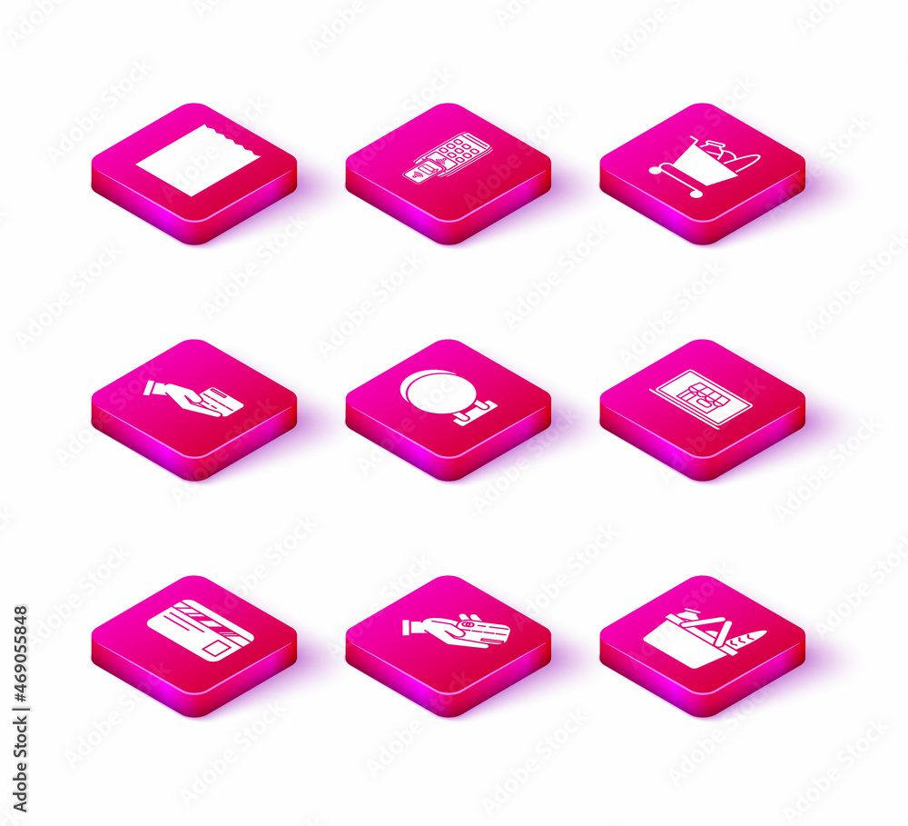 Set Credit card, Signboard hanging, Shopping basket food, building on screen laptop, cart and POS terminal printed reciept confirms the payment by smartphone icon. Vector Set Credit card, Signboard hanging, Shopping basket food, building on screen laptop, cart and POS terminal printed reciept confirms the payment by smartphone icon. Vector