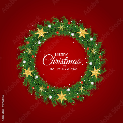 Realistic christmas wreathgolden stars golden shonoflacks balls and snows