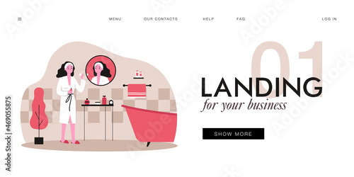 Young woman cleaning face with cotton pad in bathroom. Female character doing morning routine flat vector illustration. Skin care, beauty concept for banner, website design or landing web page