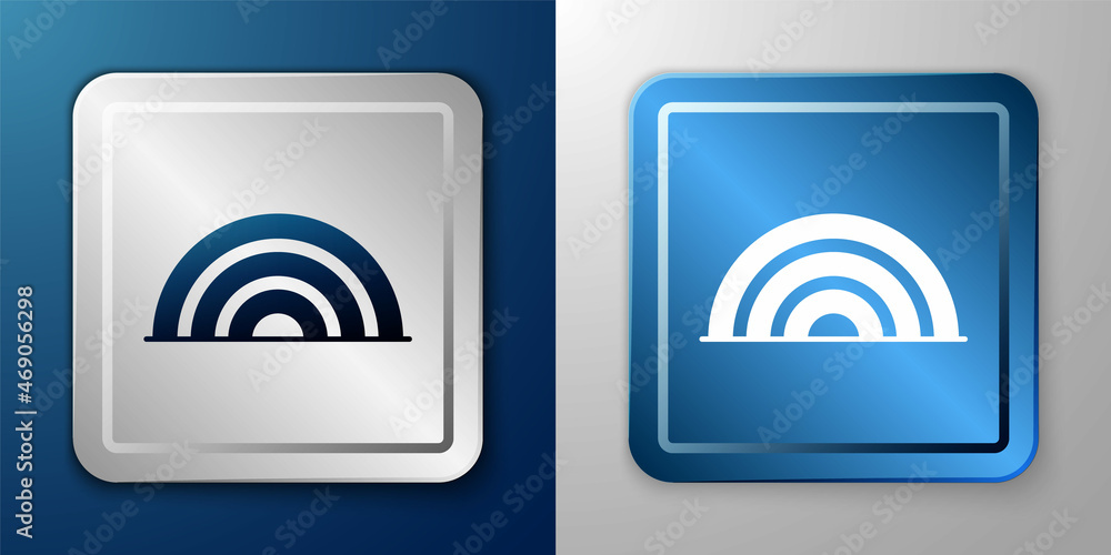 White Rainbow icon isolated on blue and grey background. Happy Saint Patricks day. National Irish holiday. Silver and blue square button. Vector White Rainbow icon isolated on blue and grey background. Happy Saint Patricks day. National Irish holiday. Silver and blue square button. Vector