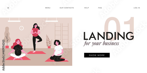 Happy pregnant women doing yoga exercises on mats. Female characters with bellies standing and sitting in yoga poses flat vector illustration. Pregnancy, fitness concept for banner or website design