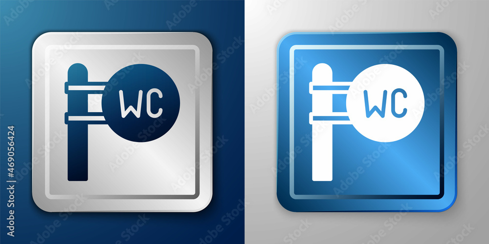White Toilet icon isolated on blue and grey background. WC sign. Washroom. Silver and blue square button. Vector White Toilet icon isolated on blue and grey background. WC sign. Washroom. Silver and blue square button. Vector