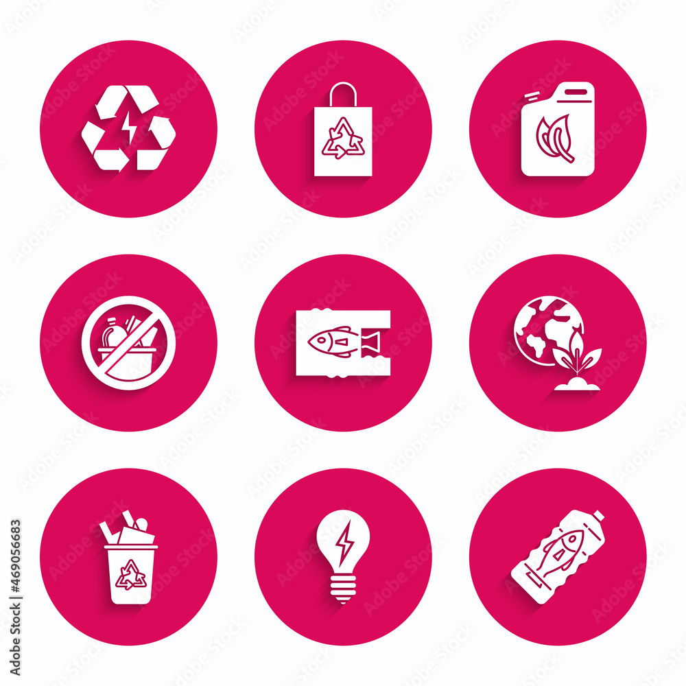Set Stop ocean plastic pollution, Light bulb with lightning symbol, Earth globe and plant, Recycle bin recycle, No trash, Bio fuel canister and Battery icon. Vector Set Stop ocean plastic pollution, Light bulb with lightning symbol, Earth globe and plant, Recycle bin recycle, No trash, Bio fuel canister and Battery icon. Vector