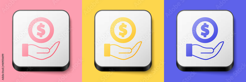 Isometric Money with shield icon isolated on pink, yellow and blue background. Insurance concept. Security, safety, protection, protect concept. Square button. Vector Isometric Money with shield icon isolated on pink, yellow and blue background. Insurance concept. Security, safety, protection, protect concept. Square button. Vector