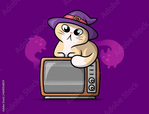A CUTE CAT WITCH IS SITTING ON A BROKEN TV. 