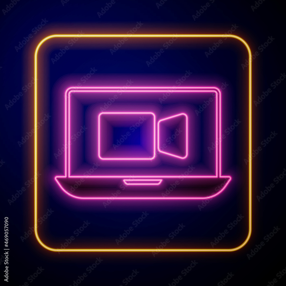Glowing neon Video chat conference icon isolated on black background. Online meeting work form home. Remote project management. Vector Glowing neon Video chat conference icon isolated on black background. Online meeting work form home. Remote project management. Vector