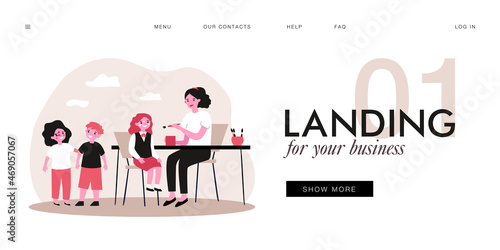 Woman painting faces of children sitting at table. Flat vector illustration. Kids, girls and boy getting drawings on their faces from mother or teacher. Joy, face-art, drawing, childhood concept