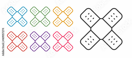 Set line Crossed bandage plaster icon isolated on white background. Medical plaster, adhesive bandage, flexible fabric bandage. Set icons colorful. Vector