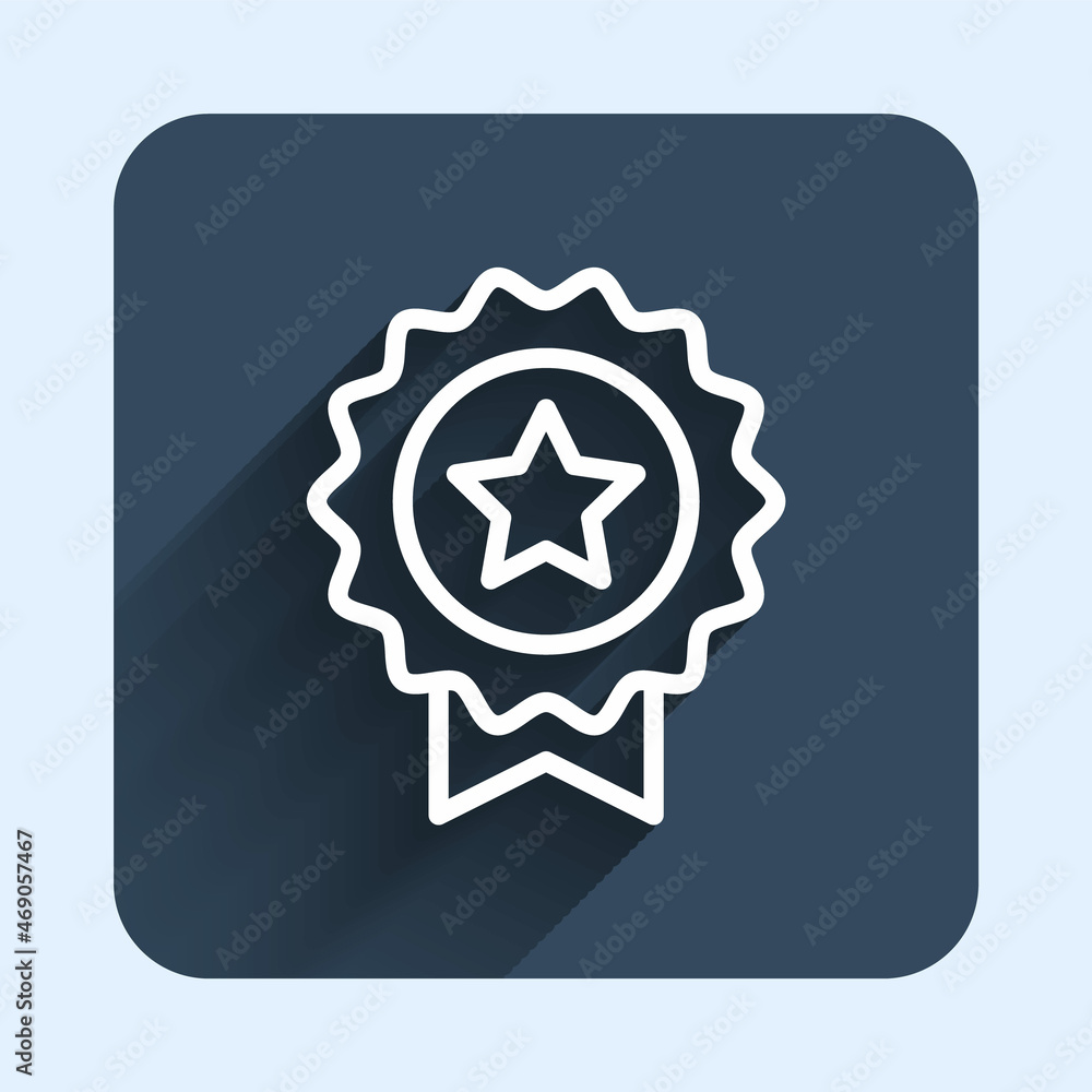 White line Medal with star icon isolated with long shadow background. Winner achievement sign. Award medal. Blue square button. Vector White line Medal with star icon isolated with long shadow background. Winner achievement sign. Award medal. Blue square button. Vector