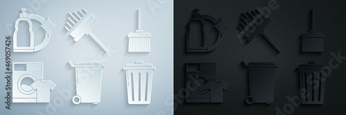 Set Trash can, Handle broom, Washer t-shirt, Squeegee, scraper, wiper and Plastic bottles for liquid dishwashing liquid icon. Vector