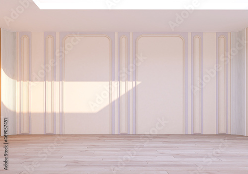 Beige View of interior space with arch window design on sea view background, blank space of architecture with wood laminate floor. 3d rendering.