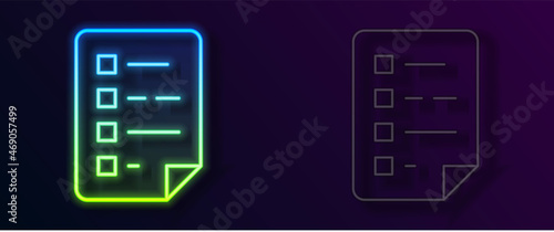 Glowing neon line Clipboard with checklist icon isolated on black background. Control list symbol. Survey poll or questionnaire feedback form. Vector