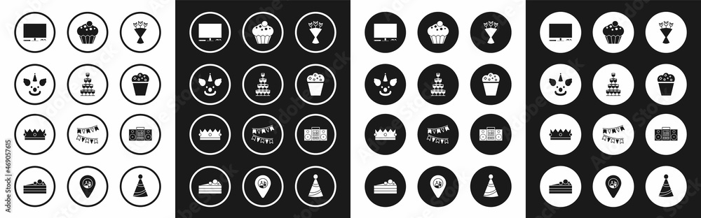 Set Bouquet of flowers, Wine glasses stacked in a pyramid tower, Clown head, Video game console, Popcorn cardboard box, Muffin, Home stereo with two speakers and Crown icon. Vector Set Bouquet of flowers, Wine glasses stacked in a pyramid tower, Clown head, Video game console, Popcorn cardboard box, Muffin, Home stereo with two speakers and Crown icon. Vector