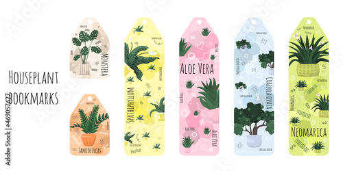 Set of 6 colored bookmarks with house plants, flower names, symbols and line elements. 
Flat illustration with doodle elements. Bookmarks isolated on a white background.