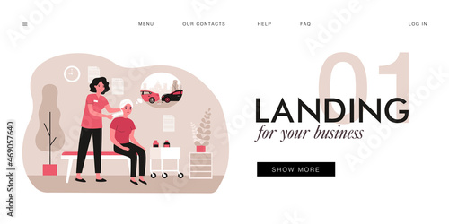 Nurse bandaging head of sad female patient after car accident. Woman thinking about vehicles bumping flat vector illustration. Medicine, accident concept for banner, website design or landing web page