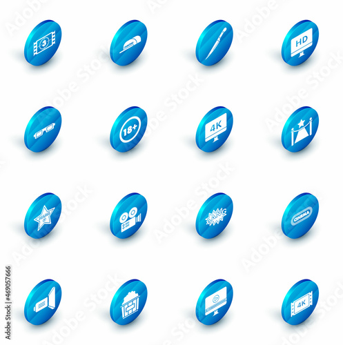 Set Cap with inscription director, Computer PC monitor HD video technology, 3D cinema glasses, Hollywood walk of fame star celebrity boulevard, Under 18 years, Carpet barriers and and 4k icon. Vector