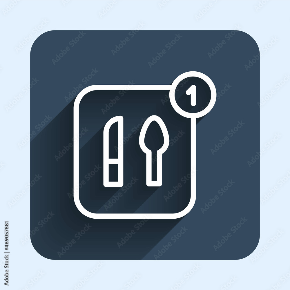 White line Food ordering icon isolated with long shadow background. Order by mobile phone. Restaurant food delivery concept. Blue square button. Vector White line Food ordering icon isolated with long shadow background. Order by mobile phone. Restaurant food delivery concept. Blue square button. Vector