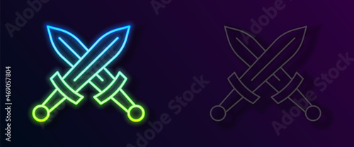 Glowing neon line Crossed medieval sword icon isolated on black background. Medieval weapon. Vector