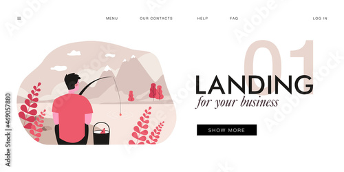 Man catching fish on shore of mountain lake. Flat vector illustration. Young man holding fishing rod, admiring beautiful mountain landscape. Fishing, nature, solitude, hobby, vacation concept