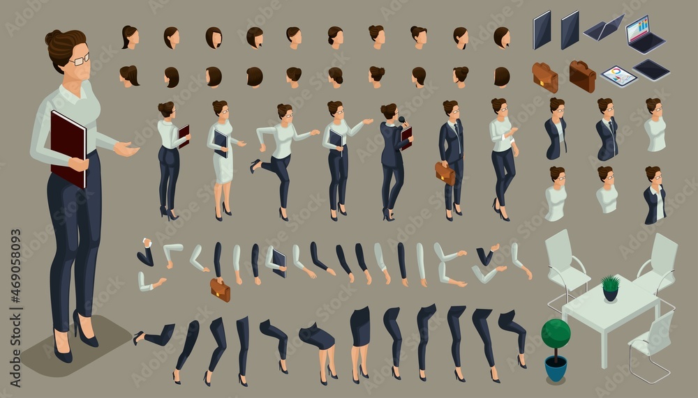 Large isometric Set of gestures of the hands and feet of a woman, to create a 3D business lady character strict suit. Create your isometric person for vector illustrations - obrazy, fototapety, plakaty 