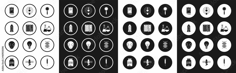Set Magnifying glass, Notebook, Space shuttle and rockets, Clipboard with document, Test tube flask chemical laboratory, Solar system, DNA symbol and Extraterrestrial alien face icon. Vector Set Magnifying glass, Notebook, Space shuttle and rockets, Clipboard with document, Test tube flask chemical laboratory, Solar system, DNA symbol and Extraterrestrial alien face icon. Vector