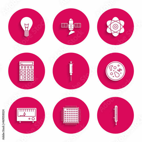 Set Syringe, Processor, Meteorology thermometer measuring, Bacteria, Electrical instruments, Calculator, Atom and Light bulb with concept of idea icon. Vector