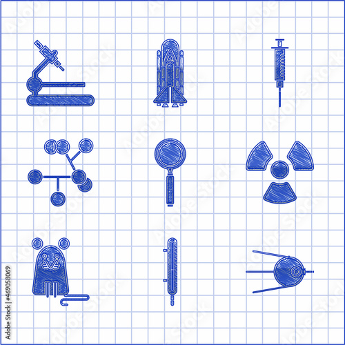 Set Magnifying glass, Meteorology thermometer measuring, Satellite, Radioactive, Rat, Molecule, Syringe and Microscope icon. Vector