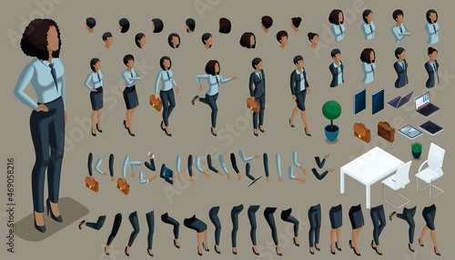 Large isometric Set of hand gestures and legs of African American woman 3d business lady. Create your isometric office worker for vector illustrations