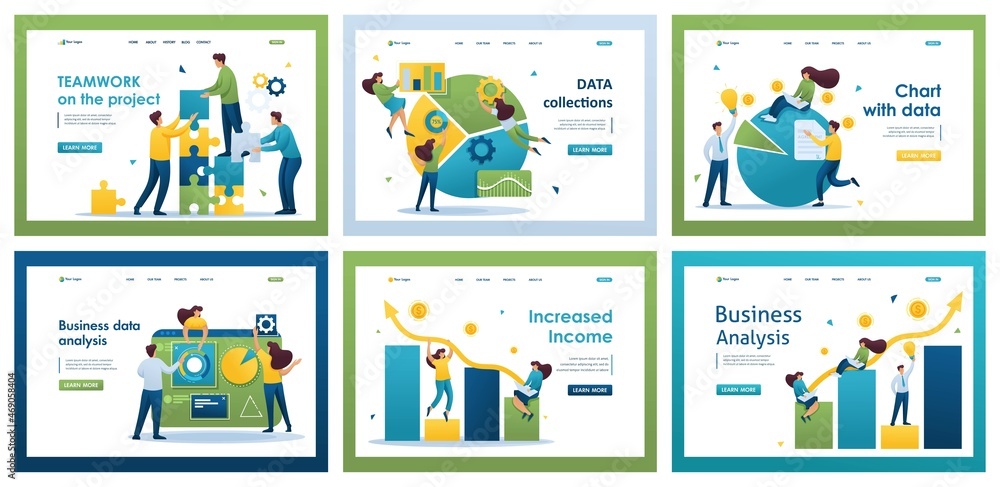 Collection of landing pages. Working together on a project, collecting and analyzing data revenue growth. 2D characters Collection of landing pages. Working together on a project, collecting and analyzing data revenue growth. 2D characters