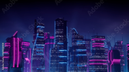 Sci-fi Metropolis with Blue and Pink Neon lights. Night scene with Futuristic Architecture.