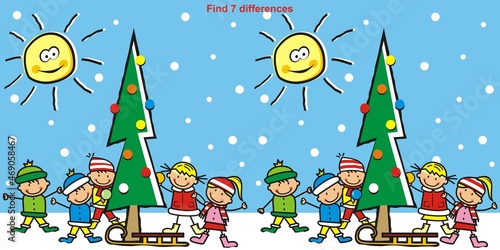 Find seven differences, game, chidren and christmas tree, vector illustration