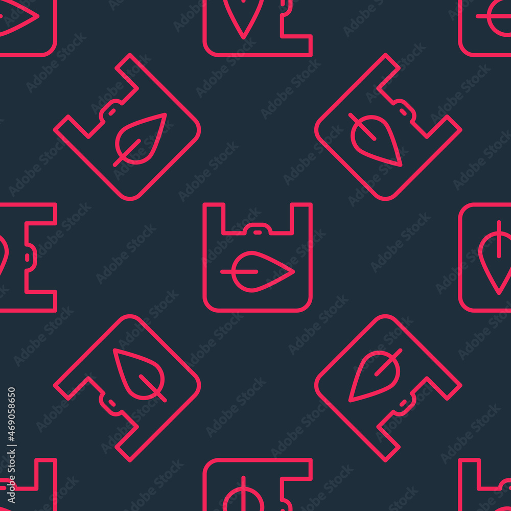 Red line Paper shopping bag with recycle icon isolated seamless pattern on black background. Bag with recycling symbol. Vector Red line Paper shopping bag with recycle icon isolated seamless pattern on black background. Bag with recycling symbol. Vector