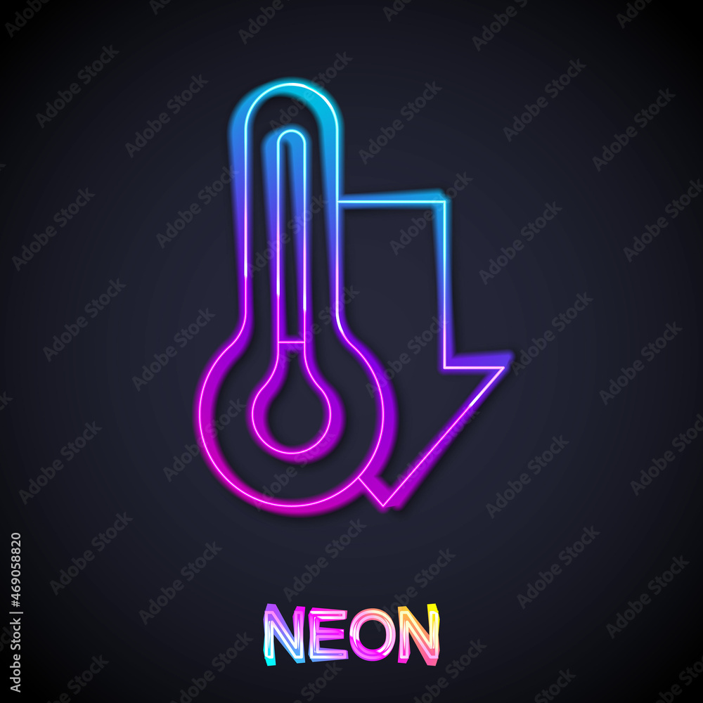 Glowing neon line Meteorology thermometer measuring icon isolated on black background. Thermometer equipment showing hot or cold weather. Vector